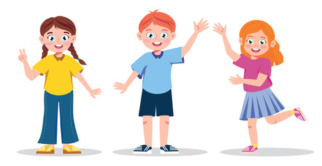 Vector illustration of happy children posing for a photo. Cartoon scene with smiling and joyful children in different poses: girl showing victory sign, boy and girl waving hands on white background.