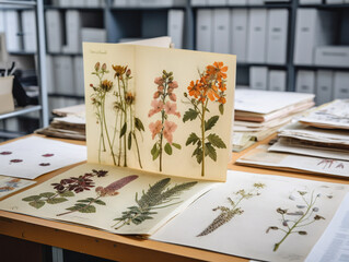 Naklejka na ściany i meble A neatly arranged herbarium displaying preserved plant specimens with label tags, v52 st00013 03 rl.