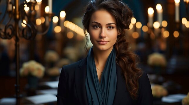 Portrait of Beautiful bussines woman in jacket and blouse with AI generation