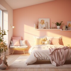 A nice small romantic bedroom that has pink walls