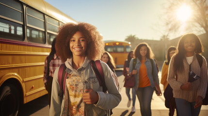 Junior-high African American students arrive to school via school bus. Banner.