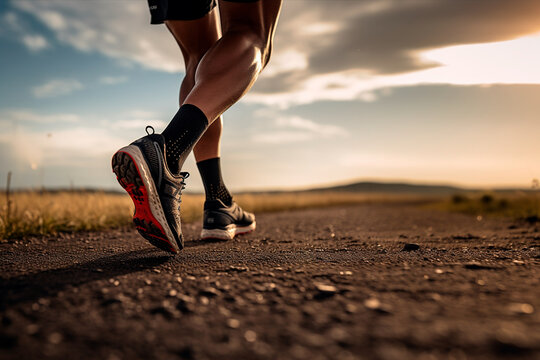 piernas de hombre con zapatos de correr en medio de un campo