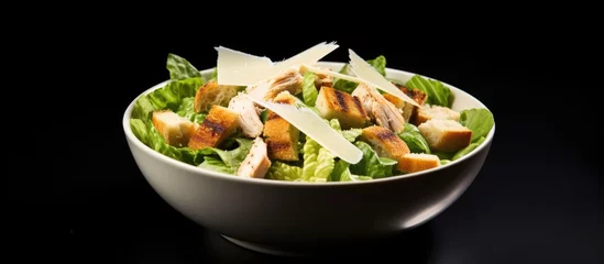 Gordijnen Savory chicken caesar salad with parmesan and toppings © 2rogan