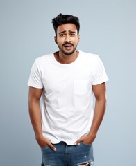 Obraz premium Vibrant Studio Portrait: Handsome Indian Model in Casual Mock-up T-shirt generative ai
