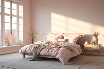 Tranquil Bedroom Setup: Soft Pink Tones and Elegant Decor generative ai