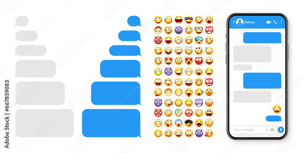 Poster smartphone messaging app, user interface design with emoji. sms text frame. chat screen with blue me