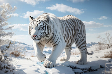 Fototapeta na wymiar Big Bengal Tiger White Snow Calm
