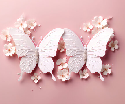 Two butterflies surrounded by flowers on a light pink background