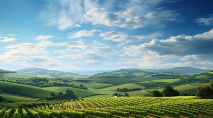 Vivid Vines: Serene Landscape of Rolling Hills and Grapevines generative ai