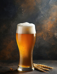 glass of beer with foam on a dark textural background