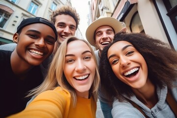 Joyful Getaway: Diverse Millennial Friends Capture Fun Moments generative ai