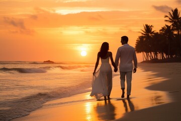 Romantic Horizon: Newlyweds Bask in Sunset Bliss on Tropical Sands generative ai - obrazy, fototapety, plakaty