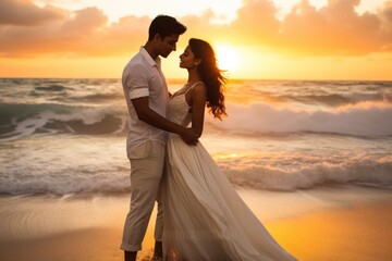 Love's Radiance: Indian Couple Cherishes Sunset Moments by the Beach generative ai