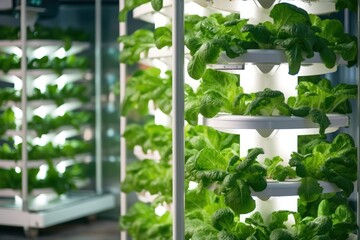 Hydroponic Haven: Vibrant Plots of Organic Greens Flourish in Vertical Farming generative ai