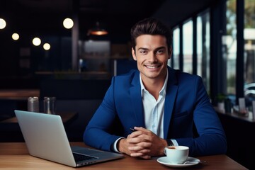 Fototapeta na wymiar Professional Vibes: Attractive Man in Blue Shirt Takes a Coffee Pause generative ai