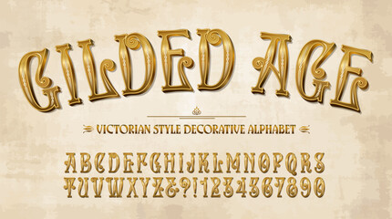 A super ornate and elegant Victorian style decorative alphabet in metallic gold tones.
