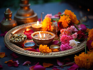 A decorative Hindu plate with lamps, flowers, and offerings placed for aarti rituals.