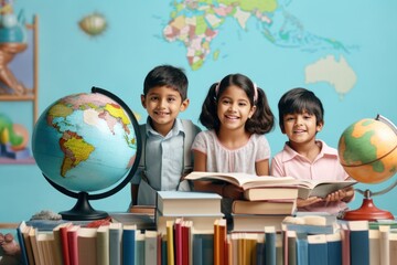 Indian Kids Embracing Diversity with Globe on Global Background generative ai  - obrazy, fototapety, plakaty