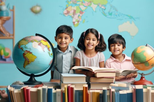 Indian Kids Embracing Diversity with Globe on Global Background generative ai 
