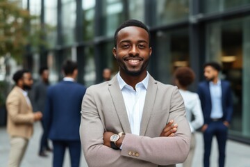 handsome African guy with happy face expression supporting his friends before conference generative ai 