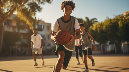 copy space, stockphoto, teenage students from different ethnic background playing basketball. Teenagers playing basketball or posing with a basketball. Happy teenagers. Sports theme. Healthy lifestyle - obrazy, fototapety, plakaty