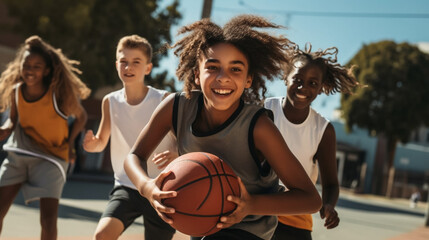 copy space, stockphoto, teenage students from different ethnic background playing basketball. Teenagers playing basketball or posing with a basketball. Happy teenagers. Sports theme. Healthy lifestyle