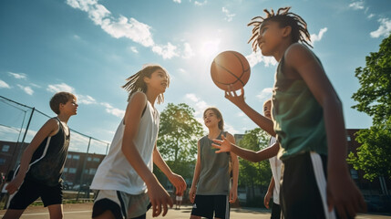 copy space, stockphoto, teenage students from different ethnic background playing basketball. Teenagers playing basketball or posing with a basketball. Happy teenagers. Sports theme. Healthy lifestyle - Powered by Adobe