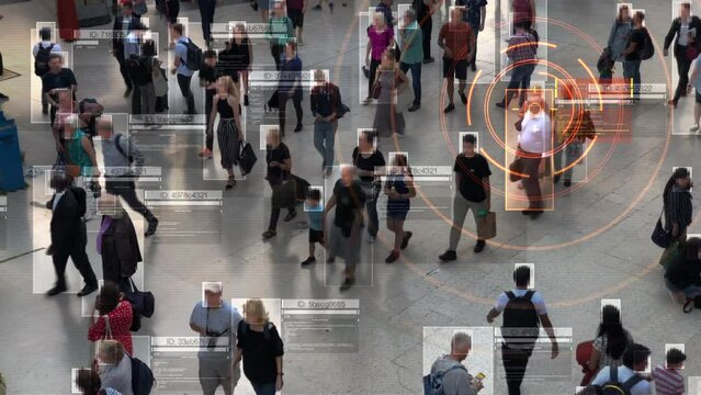 
High view of Commuters Walking. Security Camera Surveillance Footage Face Scanning of  Crowd of People Walking on Airport or Station. Artificial intelligence. Deep learning. Suspect Found.
