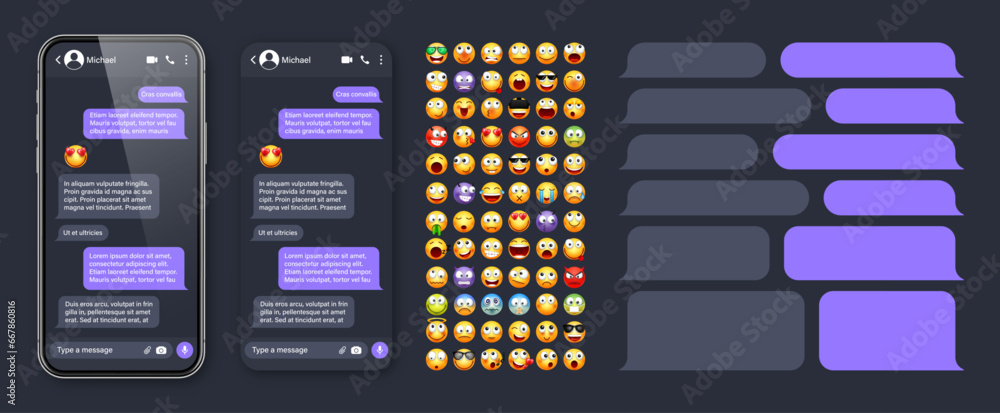 Poster smartphone messaging app, user interface with emoji. sms text frame. chat screen, violet message bub