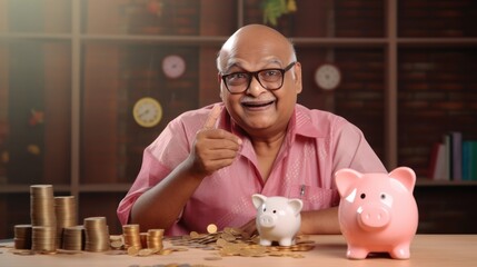 Old aged indian man ready to put coin in piggy bank  savings money concept generative ai - obrazy, fototapety, plakaty