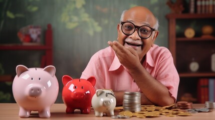 Old aged indian man ready to put coin in piggy bank  savings money concept generative ai