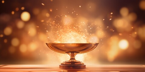 Bronze Trophy Plate with Fire Flying, Evoking the Holy Grail, Faith, and Biblical Reverence, Rests on a Sacred Pedestal, Symbolizing the Profound Connection of Religion