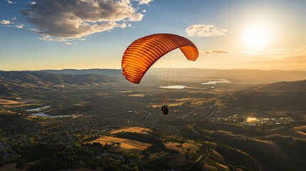 A paraglider preparing to land, feet suspended above the ground, creating a moment of anticipation as they approach the earth's surface, a fusion of calm and excitement - obrazy, fototapety, plakaty