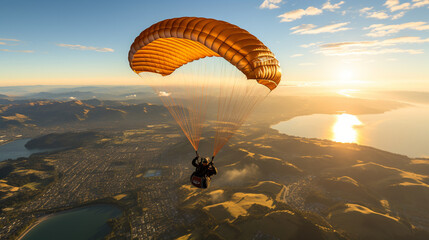 A paraglider preparing to land, feet suspended above the ground, creating a moment of anticipation as they approach the earth's surface, a fusion of calm and excitement - obrazy, fototapety, plakaty