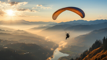 A paraglider taking off at sunrise, the soft morning light painting the sky with pastel hues, creating a scene of peaceful beginnings and a day filled with possibilities - obrazy, fototapety, plakaty