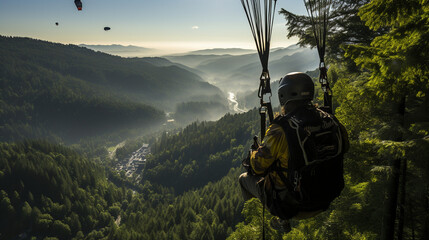 A paraglider descending into a dense forest, their canopy partially obscured by the treetops, a representation of the sport's intimate connection with nature
