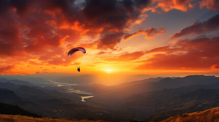 Obraz premium A paraglider silhouetted against a radiant orange and pink sunset, their outline against the vivid colors portraying the magical experience of paragliding at twilight