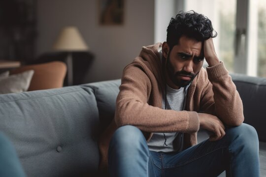 Reflective Moment: Indian Man Deep in Thought on Sofa, Signifying Struggles generative ai