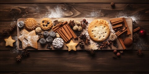 Top View of a Wooden Table Featuring a Block of Christmas Cookies, Flour, and an Array of Bakery Ingredients, Capturing the Heartwarming Tradition of Holiday Baking and Culinary Creativity