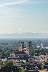 Aerial view of the city of Munich in Germany. Cityscape of Munich on a sunny day