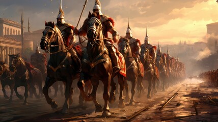 Historic roman army riding on horses created with Generative AI - obrazy, fototapety, plakaty