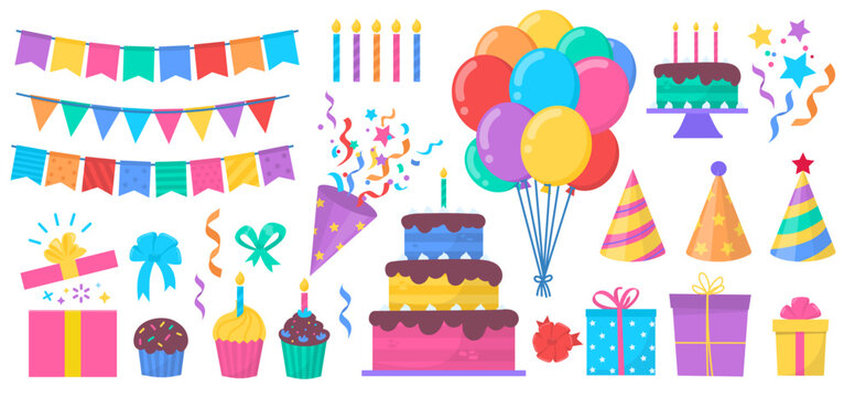 Cartoon Birthday Party Elements Set. Vector Illustration for Festive Celebrations with cake, flags, hat, balloons, gifts, confetti, ribbons and cupcakes on white background. Party clip art set.
