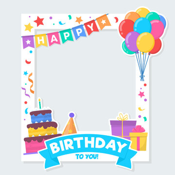 Happy Birthday Cartoon Party Frame. Vibrant Vector Illustration for Birthday Card, Collages, Photobooth or Album. Flat style Frame B-day event Template for Kids. Celebration and party concept.