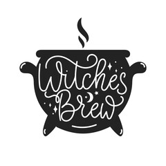 Witches brew Halloween typography vector Illustration. Spooky Hand-Drawn Witchcraft Quote in flat Style with black cauldron silhouette. Vintage Hand-Lettered Halloween Quote. Mysterious Design
