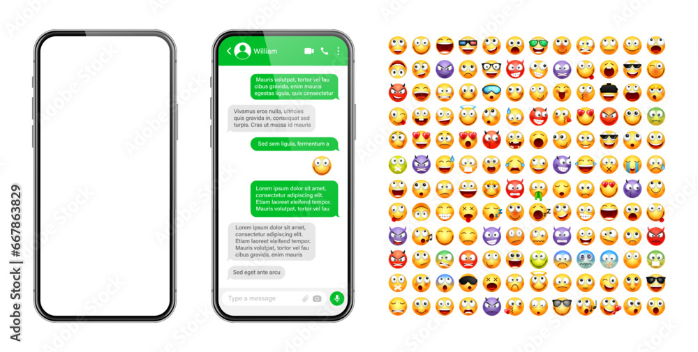 Fototapete smartphone messaging app, user interface design with emoji. sms text frame. chat screen with green m