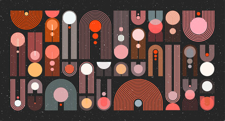 Mid century arch, circle elements, modern geometric shapes with grunge texture. Contemporary design, minimalist art. Trendy design elements for wall decor, posters, books, covers. Vector illustration
