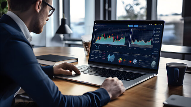 Data Analysis and Insights: IT Professional Engaging with Digital Business Analytics Dashboard, Analyzing Charts and Metrics on Laptop Computer