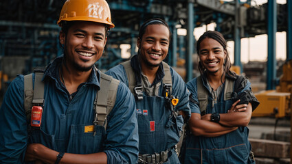 Portrait of cargo container loading operator workers. Workers against the background of a cargo terminal for the transportation and dispatch of international cargo. Smiling workers in special clothes - obrazy, fototapety, plakaty