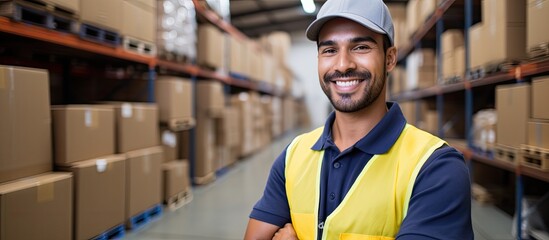 Warehouse worker scans box and smiles at camera in large warehouse