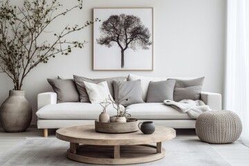 Home interior design of modern living room, rustic round wood table, white sofa in background
